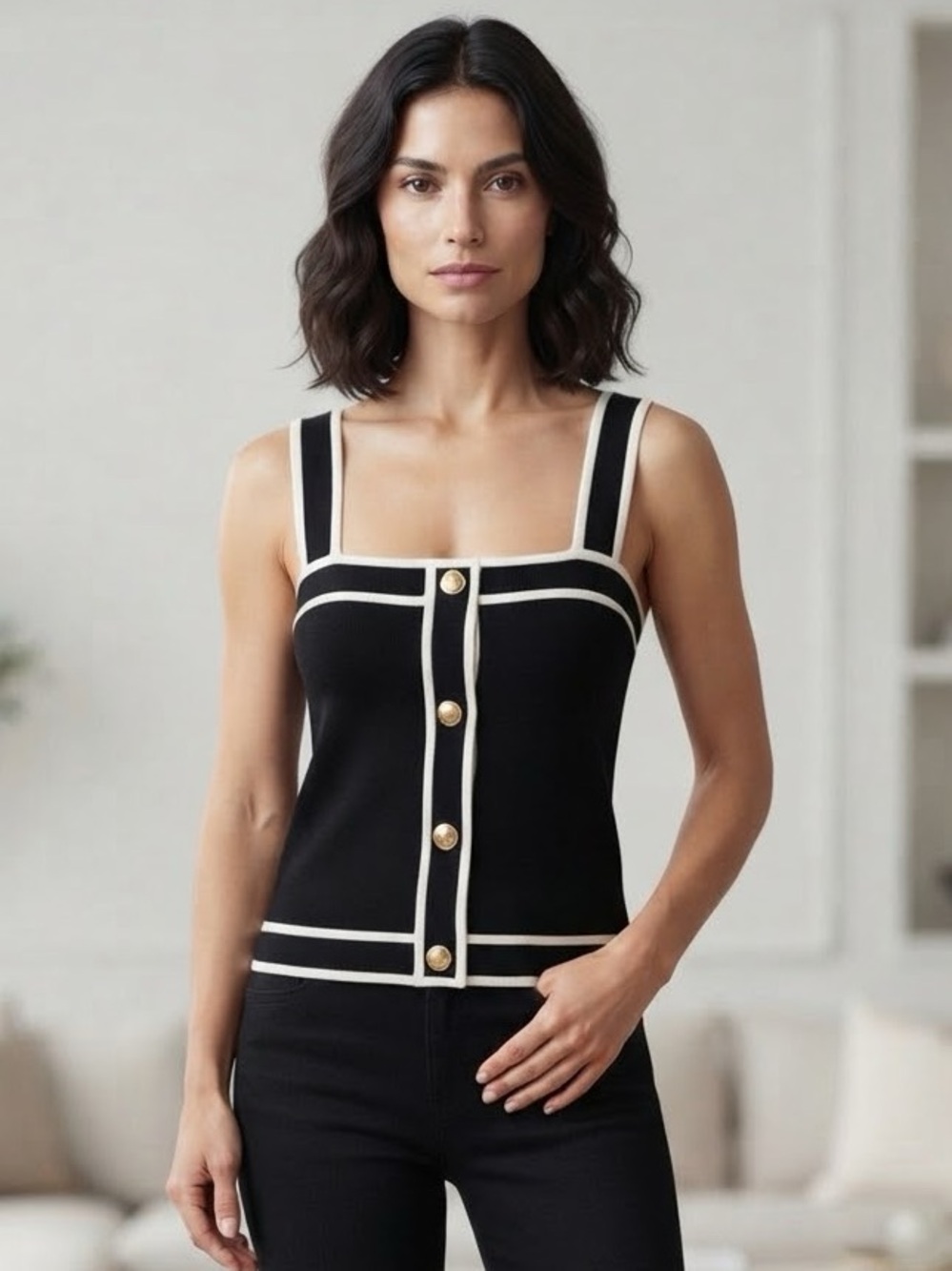 Bailey/44 Black & White Knit Tank Top Gold Crest Buttons Size Large
